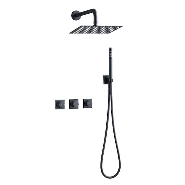 LORDEAR 3-Spray 1.5 GPM Combo Set Wall Mount 10 in. Square Daul Shower Heads System with Handheld in Matte Black
