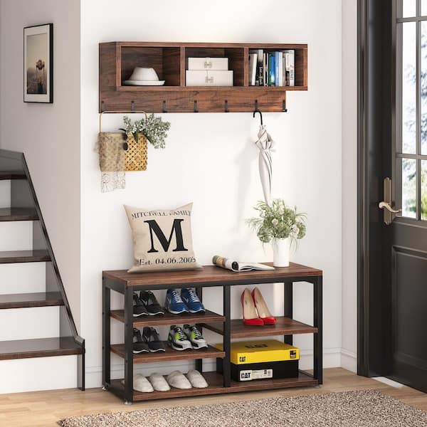 Cezalinda Brown Hall Tree Shoe Storage Cabinet with Drawer Flip Shelves Wall Mount Rack