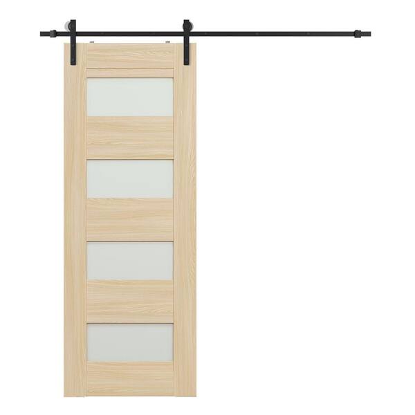 Belldinni Vona 07-08 30 in. x 84 in. 4-Lite Frosted Glass Pecan Nutwood Wood Composite Sliding Barn Door with Hardware Kit