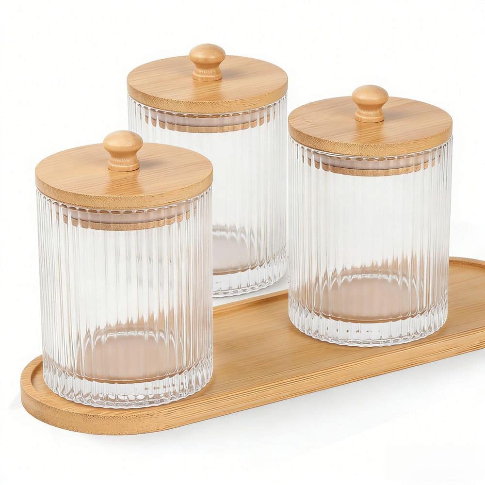 3-Pack Glass Bathroom Storage Jars with Bamboo Lids and Tray, Qtip Holder Dispenser Set, Bathroom Vanity Organizers price history on PriceWatchPro