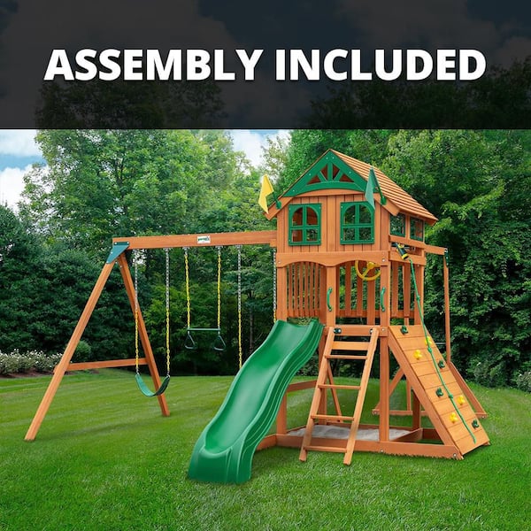 Professionally Assembled Outing III Kids Wooden Outdoor Playground Set with Wood Roof, Monkey Bars, Slide, and Swing Set