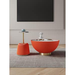 Anderson 28.15 in. Orange Round Leatherette Upholstered Faux Marble Coffee Table with 15.75 in. End Table