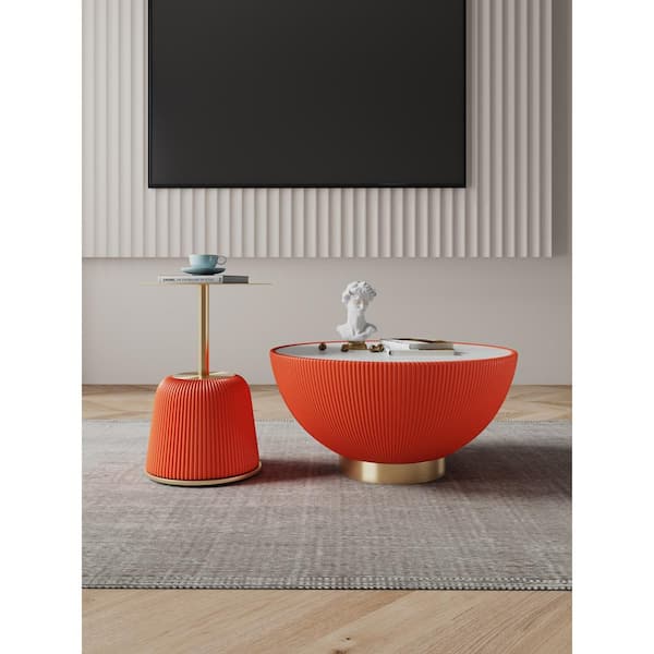 Manhattan Comfort Anderson 28.15 in. Orange Round Leatherette Upholstered Faux Marble Coffee Table with 15.75 in. End Table