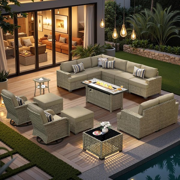 Sentinel 15-Pieces Wicker Outdoor Patio 54 in. Rectangular Fire Pit Set Swivel Rocking Chairs with Dark Gray Cushions