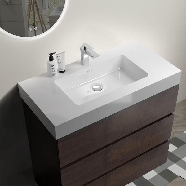 36 in. Single Sink Freestanding Rose Wood Bath Vanity with White Solid Surface Top Unassembled without Drain and Faucet