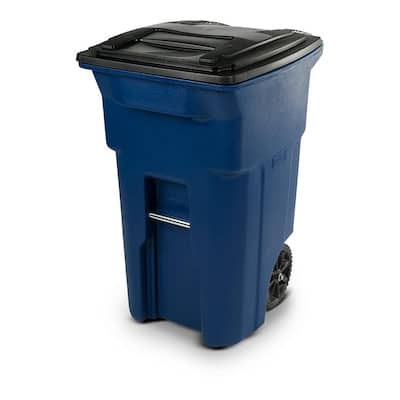 64 Gal. Blue Trash Can with Wheels and Attached Lid