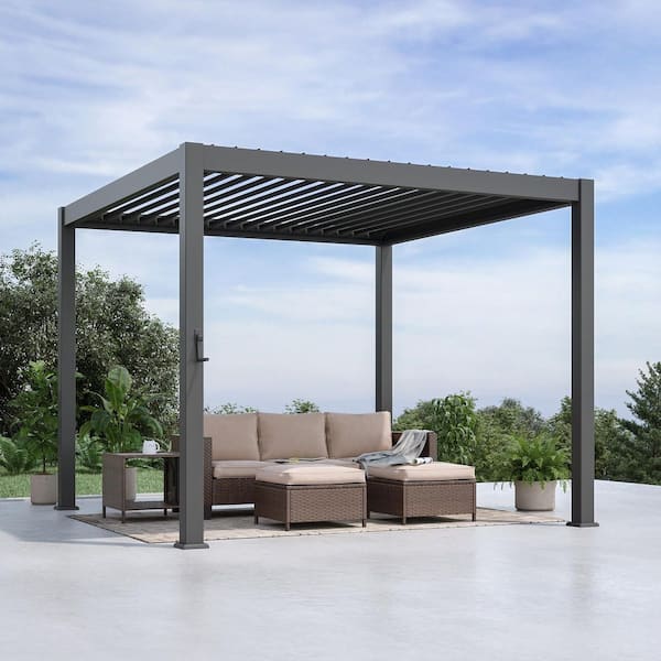 Nordica Series 10 ft. x 10 ft. Aluminum Frame Modern Outdoor Pergola with Adjustable Roof, Grey