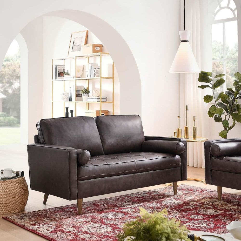 Valour Biscuit-Tufted Brown Faux Leather Loveseat with Walnut Wood Legs