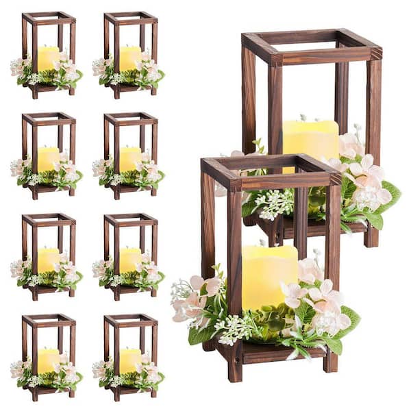Brown Wooden Wedding Lantern Centerpiece, Includes 10-Wooden Lantern Candle Holder 10-Flameless LED Candle 10 Set/30Pcs