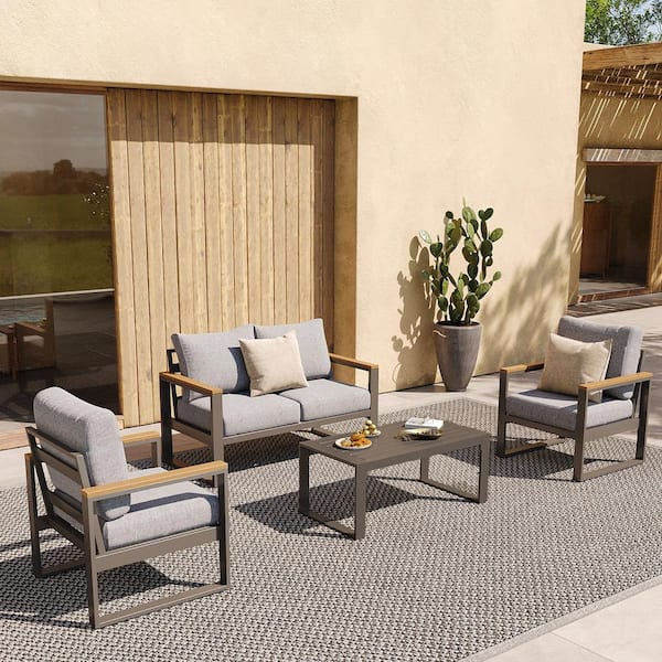AURA OUTDOOR Outdoor 4-piece Aluminum Patio Conversation Sets Outdoor Furniture with Coffee Table and Gray Cushions