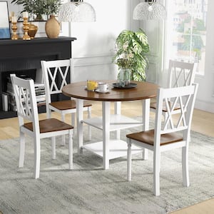 5 Piece Round Dining Kitchen Set w/Drop Leaf Dining Table Folded & 4 Chairs