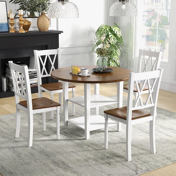 5 Piece Round Dining Kitchen Set w/Drop Leaf Dining Table Folded & 4 Chairs