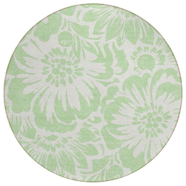HomeRoots Mint Green and Ivory 8 ft. Round Woven Floral Round Indoor/Outdoor Area Rug