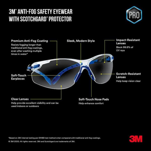 Anti-Fog Goggle with Scotchgard Protector, Black/Blue, with Clear Lens