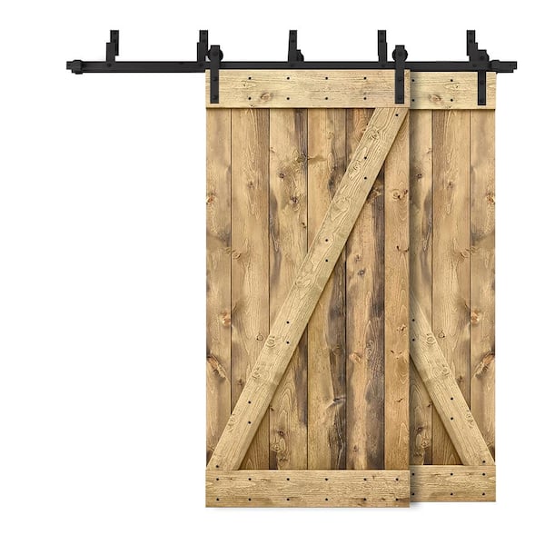 CALHOME 52 in. x 84 in. Z-Bar Bypass Weather Oak Stained DIY Solid Wood Interior Double Sliding Barn Door with Hardware Kit