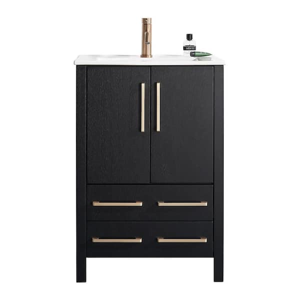 24 in. W x 18.5 in. D x 34 in. H. Modern Bathroom Vanity in Black wood Grain Finish with White Ceramic Sink Top