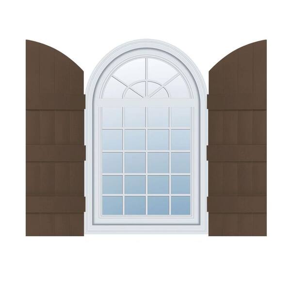 Ekena Millwork 14 in. x 85 in. Lifetime Vinyl Standard Four Board Joined w/ Archtop Board and Batten Shutters Pair Federal Brown