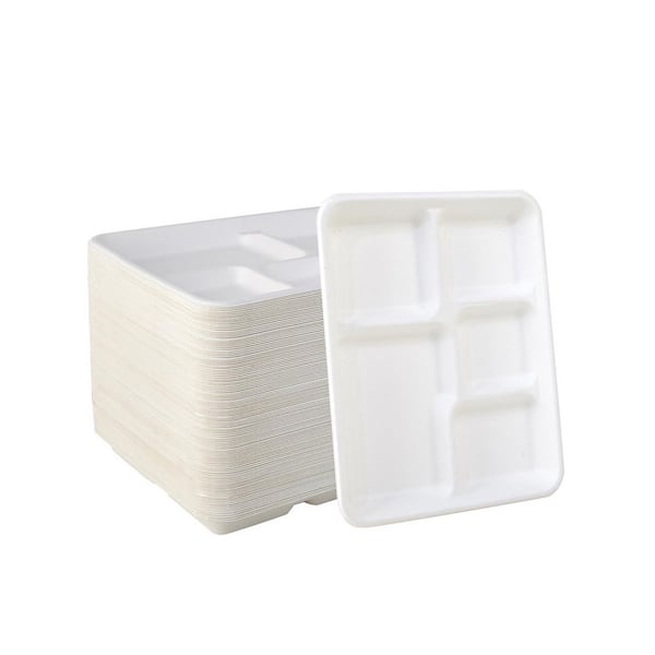 10.25 in. White White Family Disposable Sugarcane 5-Compartment Plate Tray (125 Pack) Compostable Tableware