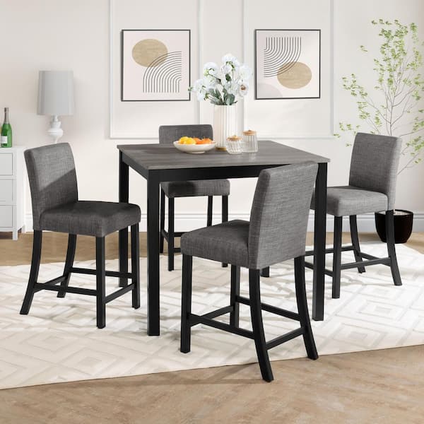 Nuvik Modern 5-Piece Square MDF Top Counter Height Dining Table Set with Fabric Upholstered Stools, Light Grey + Black