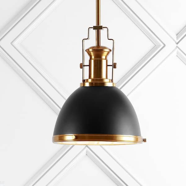 JONATHAN Y Homer 10 in. Black/Brass Gold Iron Glass Adjustable Vintage Classic LED Kitchen Pendant