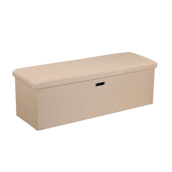 VECELO 43" Folding Storage Ottoman Bench with Padded Seat, Khaki Fabric End of Bed Bench, Footstool with Large Hidden Storage