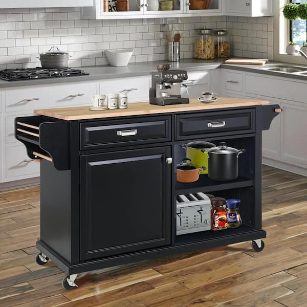 FAMYYT Rolling Black Drop-Leaf Solid Wood Tabletop 57.5 in. Kitchen Island with Adjustable Shelve