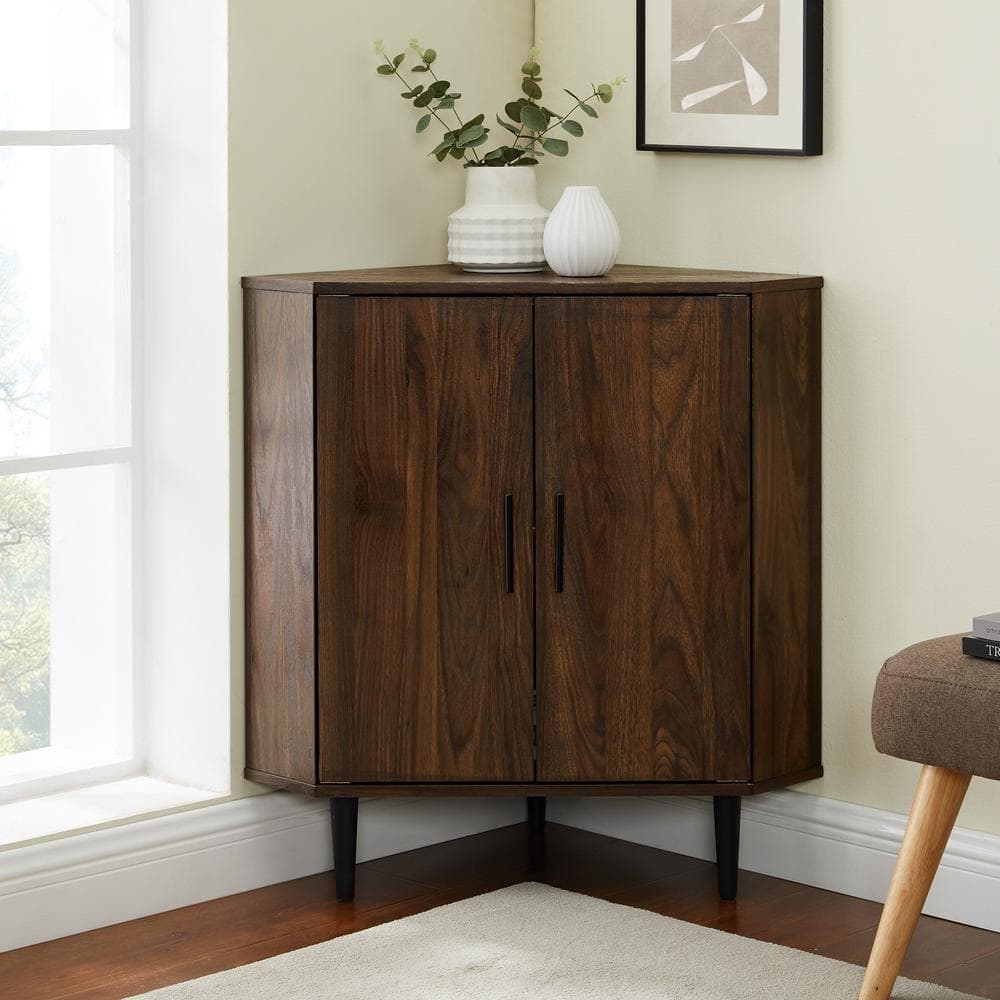 Dark Walnut 2-Door Corner Accent Cabinet with Adjustable Shelving