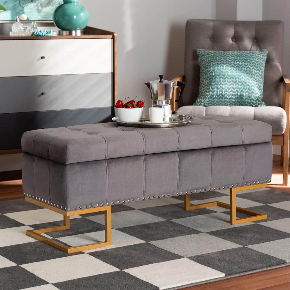 Ellery Grey Velvet Tufted Storage Ottoman with Gold Base