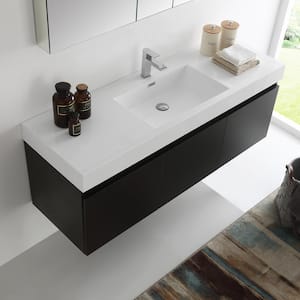 Mezzo 59 in. Vanity in Black with Acrylic Vanity Top in White with White Basin and Mirrored Medicine Cabinet