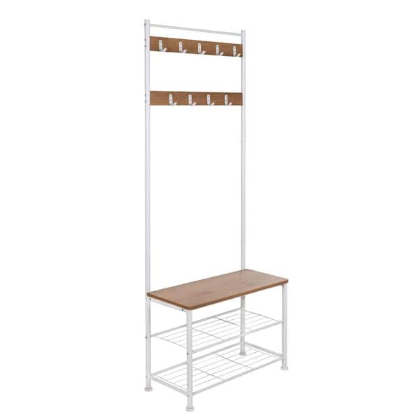 Honey-Can-Do White / Walnut Entryway Hall Tree with Bench and Shoe Storage