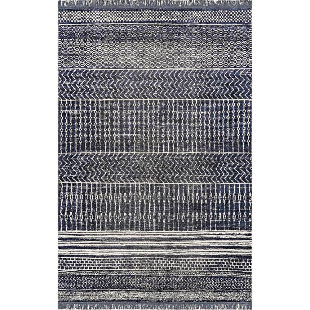 nuLOOM Saige Modern Banded Fringed Black 8 ft. x 10 ft. Indoor/Outdoor ...