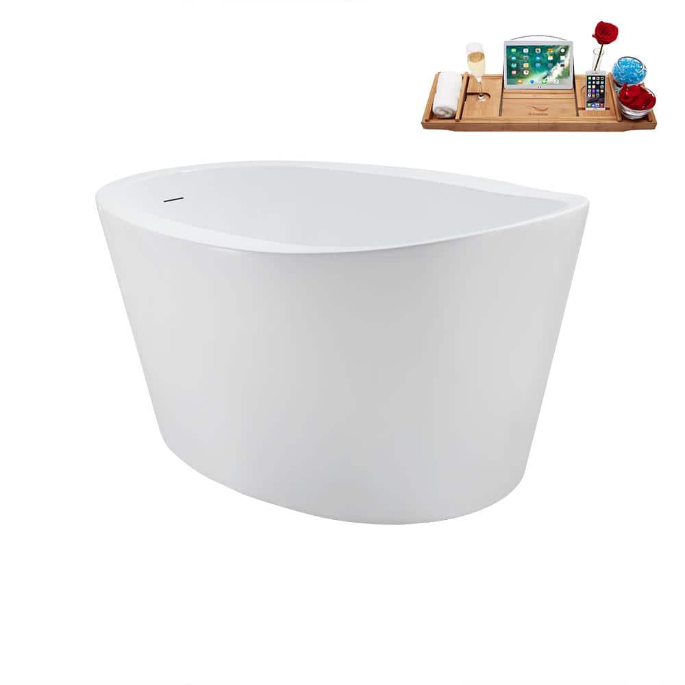 Glossy White Acrylic Freestanding Soaking Bathtub with Brushed Gold Drain