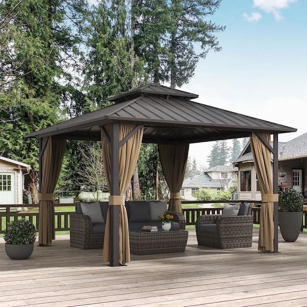 12 ft. x 12 ft. Aluminum Hardtop Gazebo with Double Galvanized Steel Roof, Netting and Curtains for Patio and Backyard