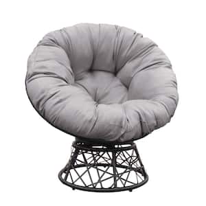 Metal Steel Frame 360° Swivel Outdoor Lounge Chair with Gray Cushion, Comfy Circle Lounge Moon Chair