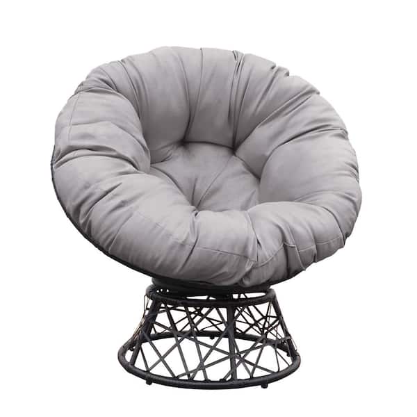 Tenleaf Metal Steel Frame 360° Swivel Outdoor Lounge Chair with Gray Cushion, Comfy Circle Lounge Moon Chair