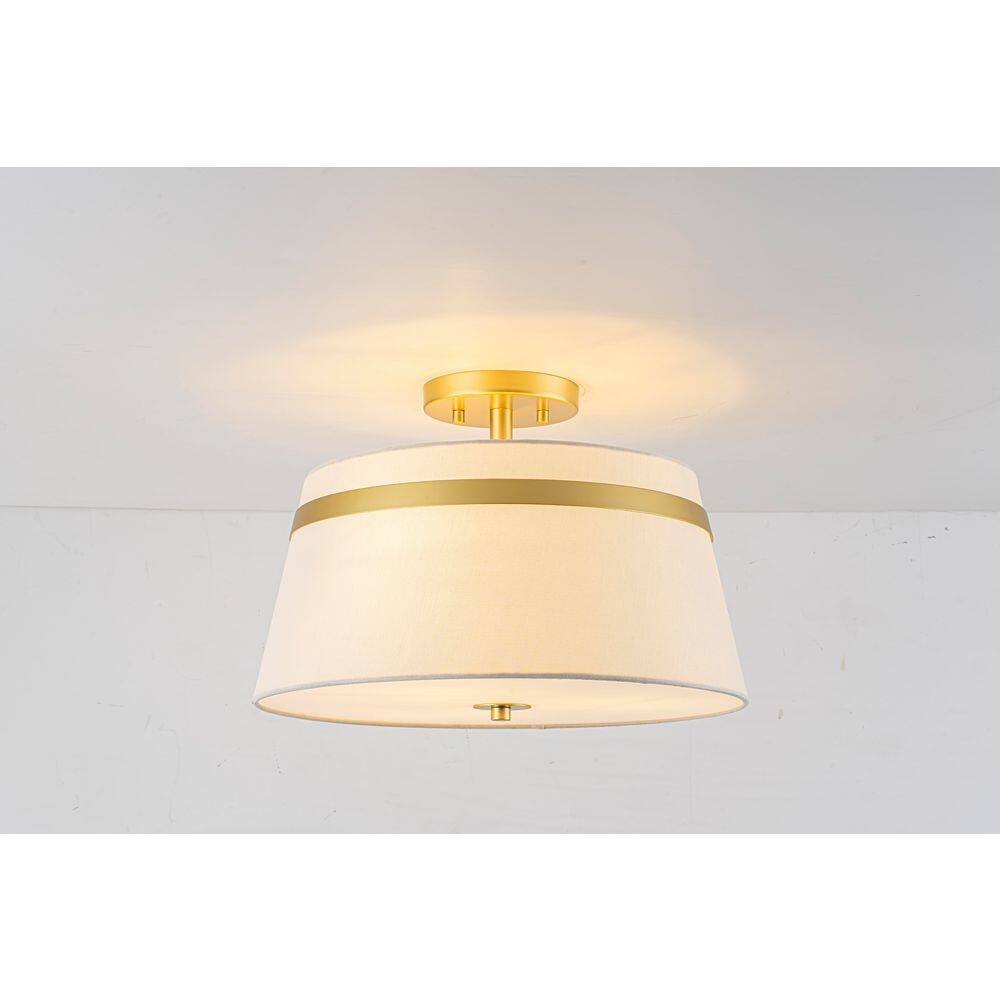 Haven 3-Light 15.7 in. W Drum Brushed Brass Gold Drum Semi-Flush Mount with Fabric and Acrylic for Bedroom and Foyer price history on PriceWatchPro