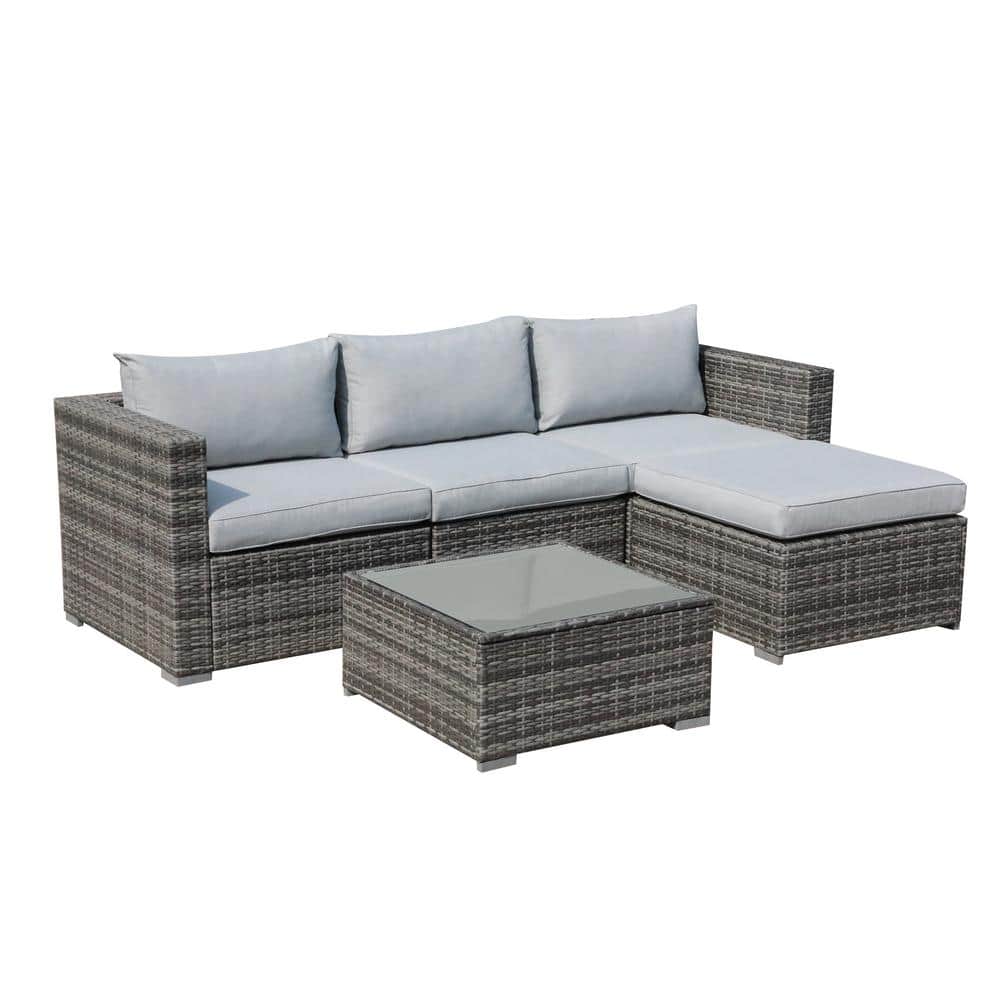 5-Piece Wicker Outdoor Conversation Patio Sectional Sofa Set with Light Gre
