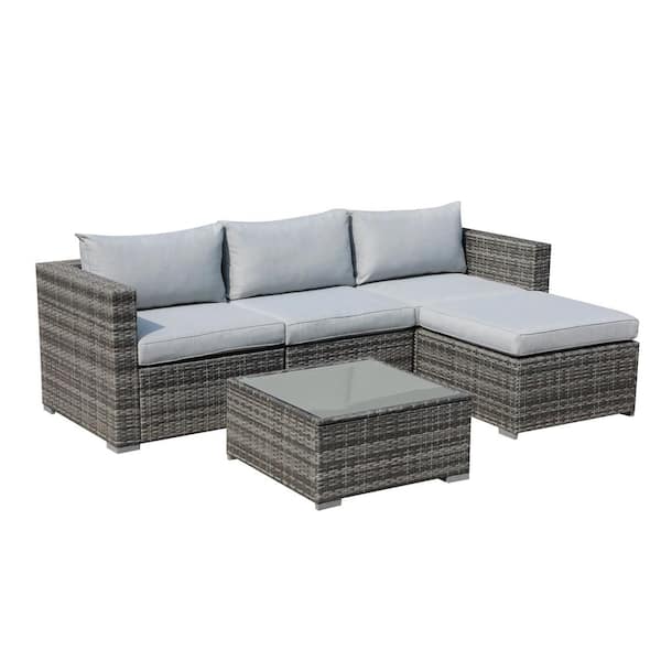 Freestyle 5-Piece Wicker Outdoor Conversation Patio Sectional Sofa Set with Light Grey Cushions