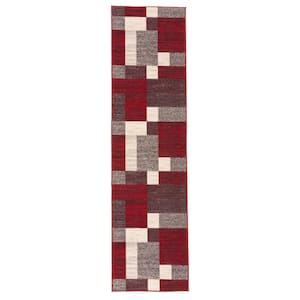 Geometric Boxes Design Non-Slip (Non-Skid) Red 1 ft. 10 in. x 7 ft. Indoor Runner Rug
