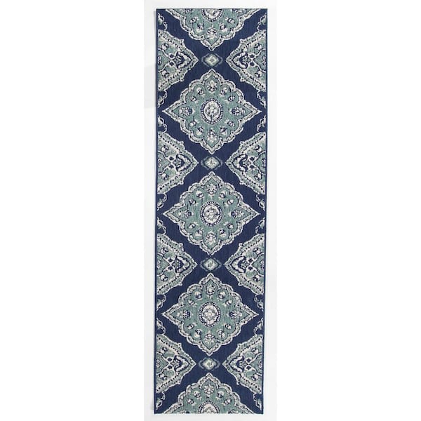 BALTA Oak Hill Dark Blue 2 ft. x 7 ft. Meadllion Indoor/Outdoor Area Rug