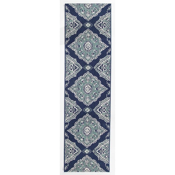 BALTA Oak Hill Dark Blue 2 ft. x 7 ft. Medallion Indoor/Outdoor Area Rug