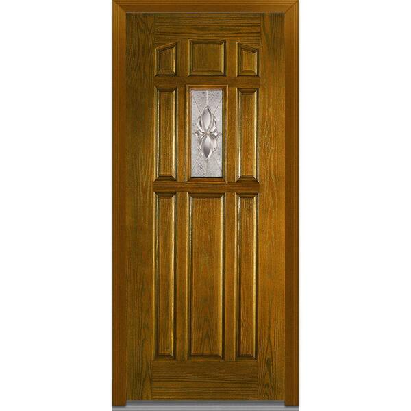 MMI Door 36 in. x 80 in. Heirloom Master Right Hand Center Lite 8-Panel Classic Stained Fiberglass Oak Prehung Front Door