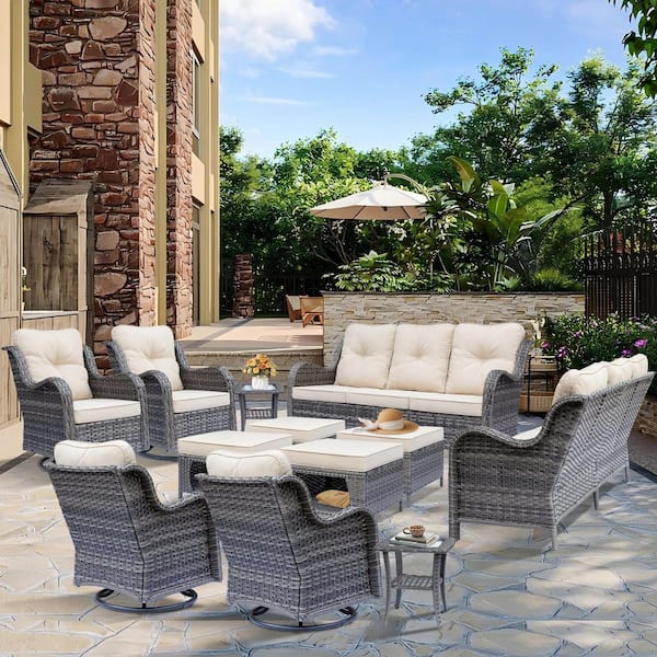 Gray 12-Piece Wicker Patio Conversation Seating Sofa Set Swivel Chairs with Light Beige Cushions and Ottomans
