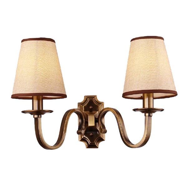2-Light Brass Wall Sconce with Textile Shade, 17.7"L, Vintage Modern