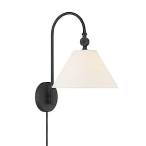 10 in. W x 16 in. H 1-Light Matte Black Adjustable Wall Sconce with a White Fabric Shade