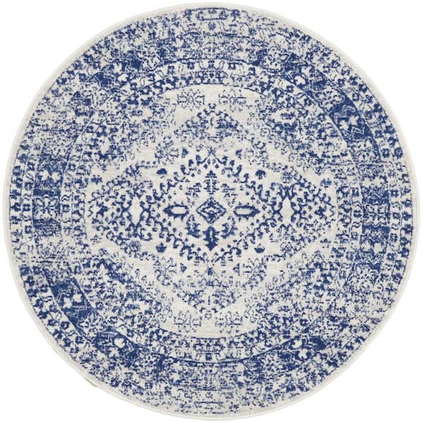 Nourison Whimsicle Ivory Navy 5 ft. x 5 ft. Geometric Bohemian Round Area Rug