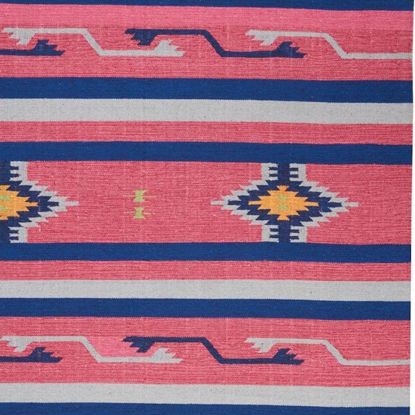 7 ft. x 10 ft. Pink and Blue Southwestern Handmade Area Rug With Fringe