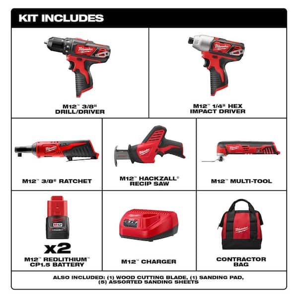 M12 12V Lithium-Ion Cordless Drill Driver/Impact Driver/Ratchet/HACKZALL Recip Saw/Multi-Tool Combo Kit (5-Tool)