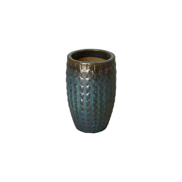 Emissary Tall 10.5 in. L x 15.5 in. H Teal Ceramic Round Planter with Drainage Hole
