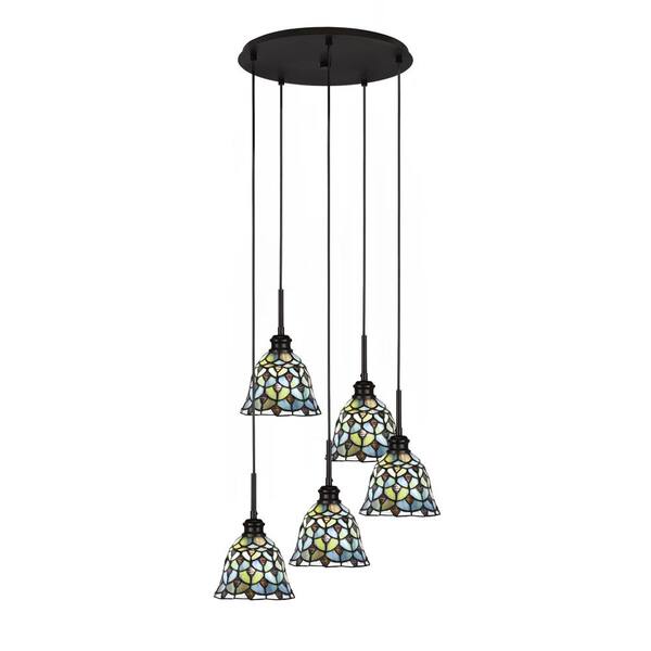 Unbranded Albany 60-Watt 19.5 in. 5-Light Espresso Cord Pendant Light Crescent Art Glass Shade No Bulbs included